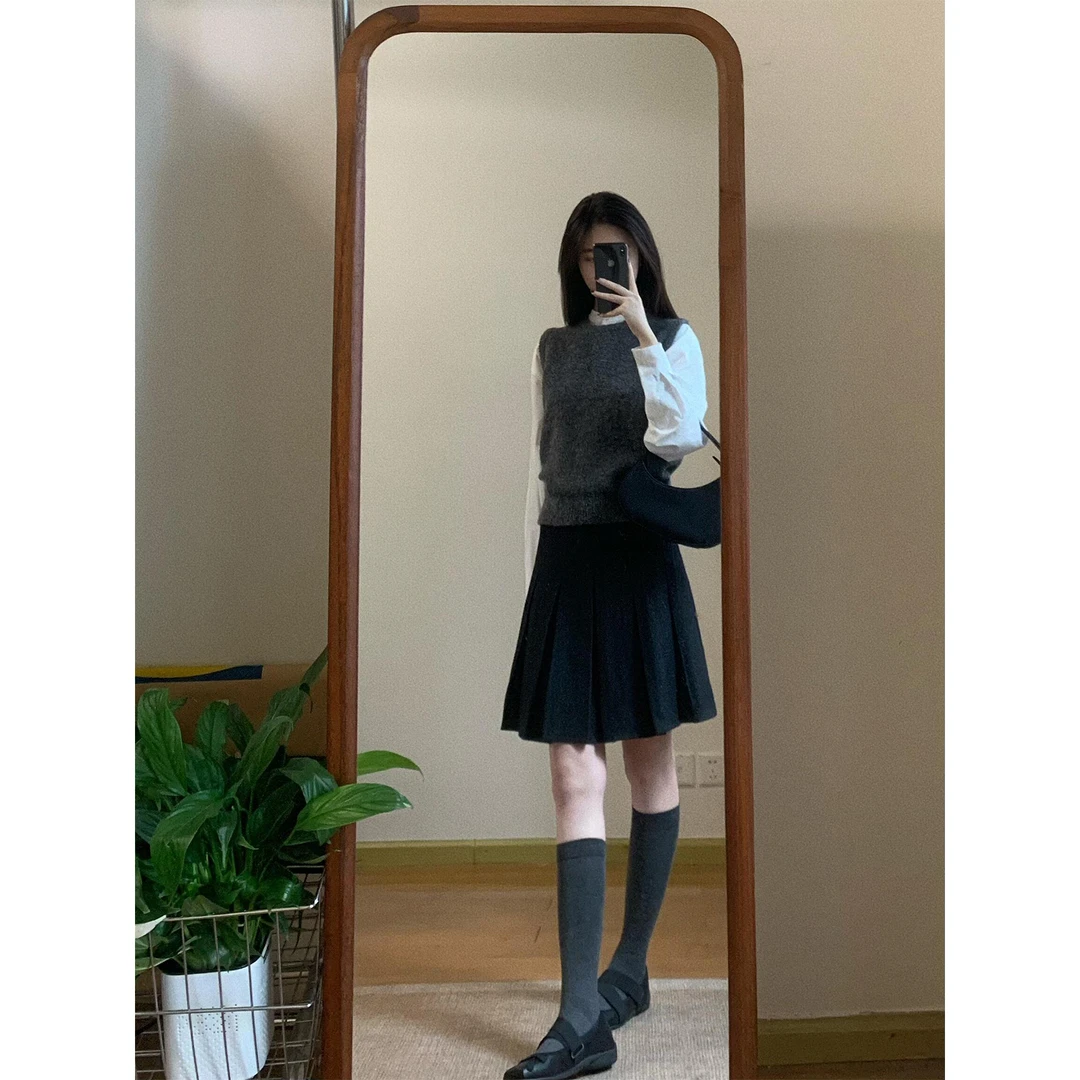 针织无袖马甲叠穿上衣长袖衬衫学院风高级感百褶半身裙高腰A字裙