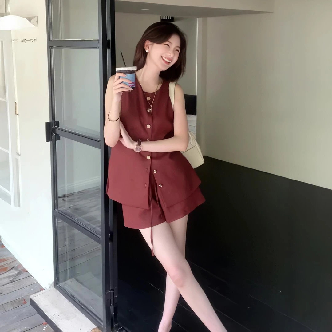 VOCKOO官方2025新款夏季时尚套装女单排扣无袖背心马甲高腰休闲裤