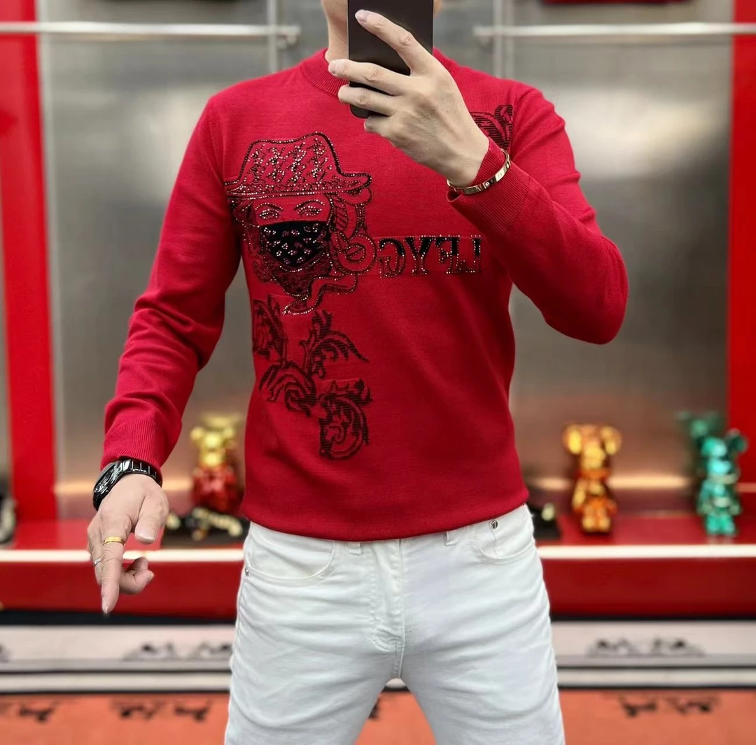 欧洲站 秋冬新款男士潮牌时尚潮流修身提花人头百搭针织圆领毛衣