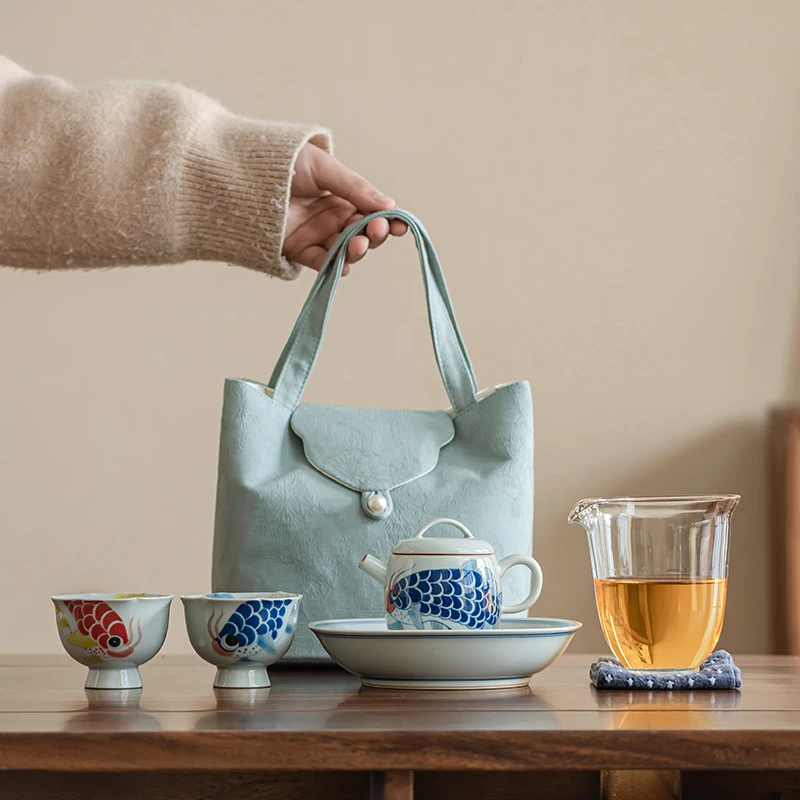 仿古青花手绘龙鱼手绘一壶二杯车载便携收纳包旅行茶具套装户外收