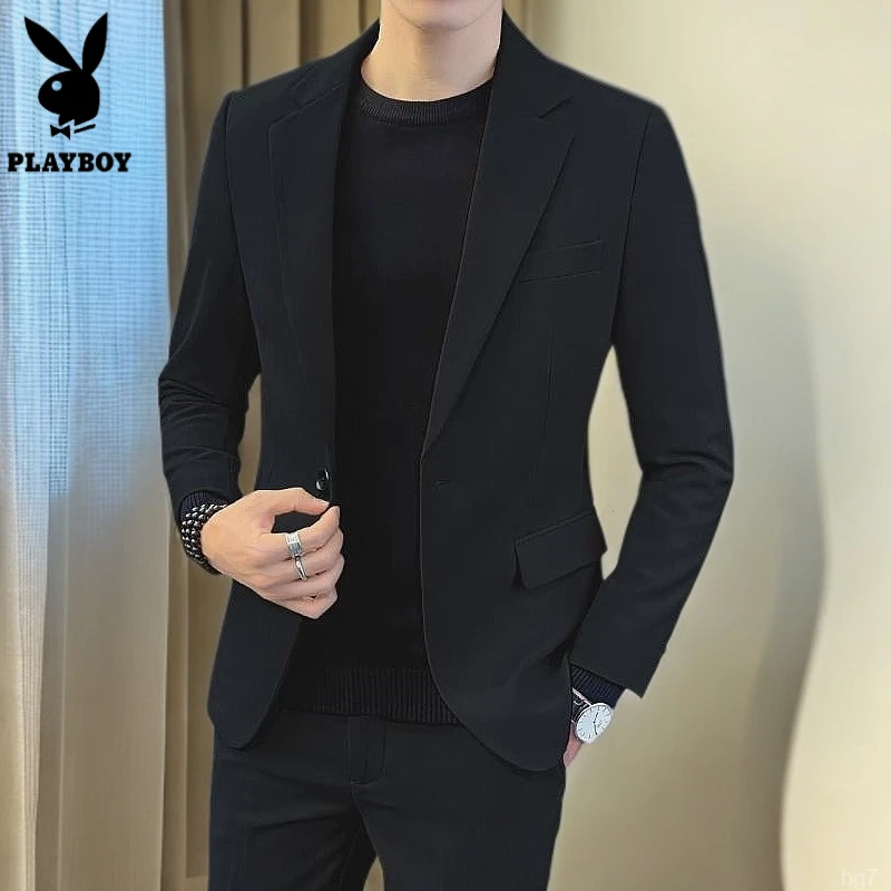 花花公子休闲小西装外套修身帅气上衣服潮流黑色西服套装男士冬季