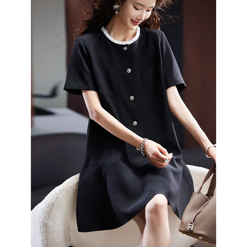 时尚小香风黑色连衣裙女夏季气质大码女装2025年新款欧货显瘦裙子