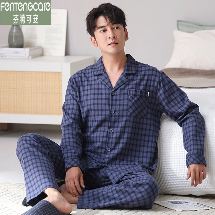 芬腾可安睡衣男款长袖开衫100%梭织纯棉春秋季休闲格子全棉家居服