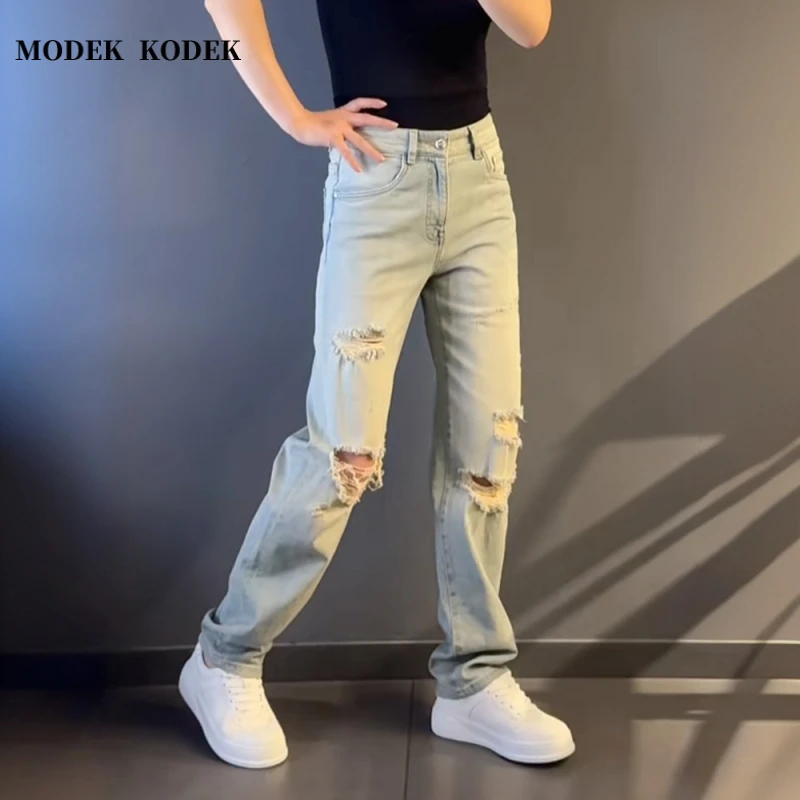 MODEK KODEK高级感破洞设计直筒宽松牛仔裤男士夏季潮流复古长裤