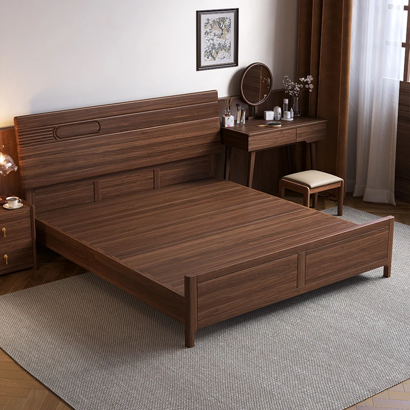 新中式纯实木床1.8米主卧雨木黑胡桃木小户型1.5米双人中古风DH67