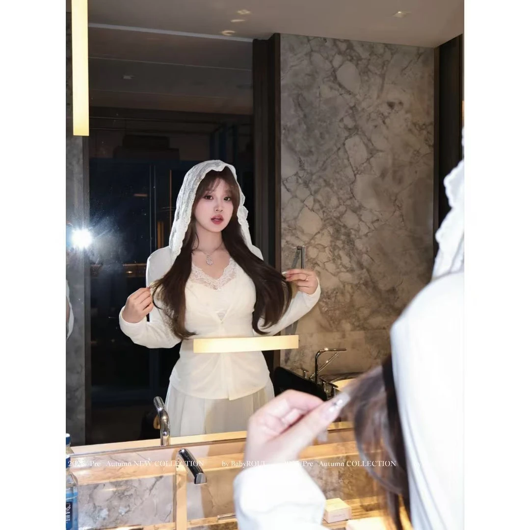 【柔欲白开水】温与柔纯欲蕾丝连帽长袖外套雪花肌理感气质长裤