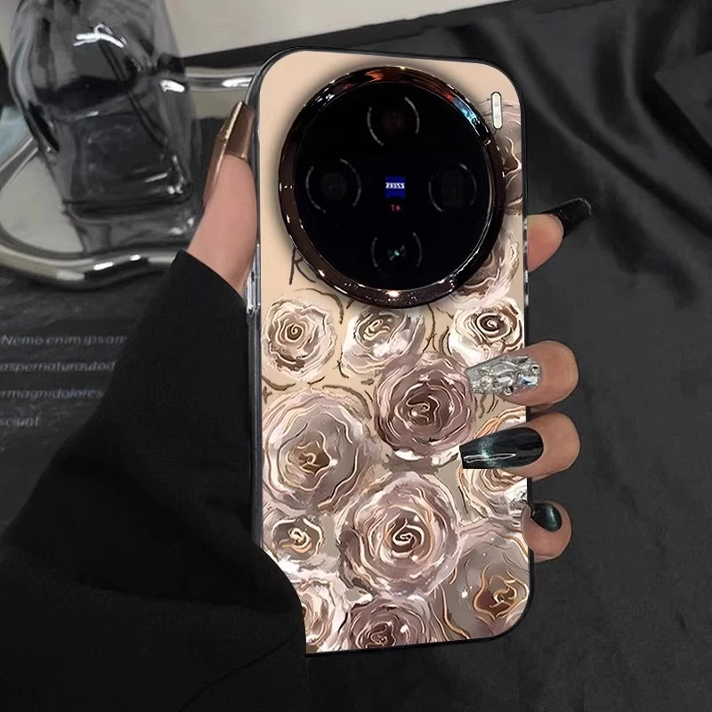 粉棕油画玫瑰适用vivoX300pro手机壳x300新款x200彩绘x200s电镀圈