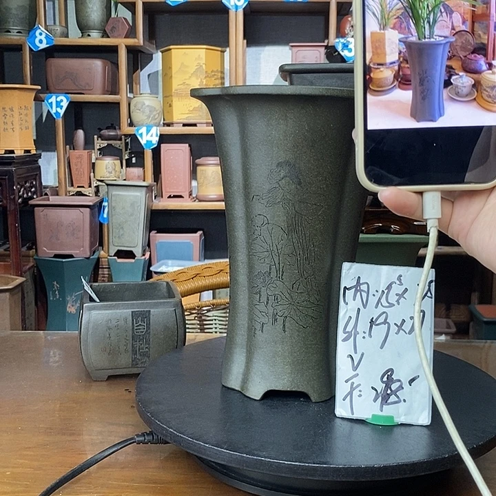 紫砂花盆天青泥海棠盆精刻