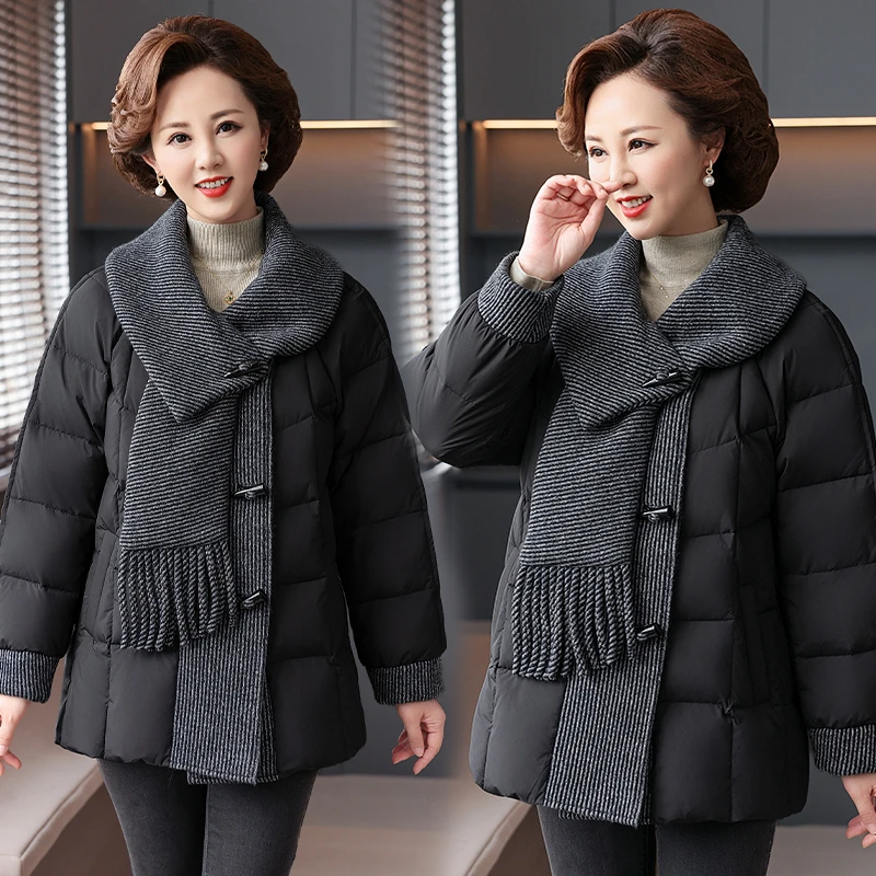 韵味妈妈羽绒服时尚围巾领白鸭绒舒适保暖洋气外套中老年女装外套