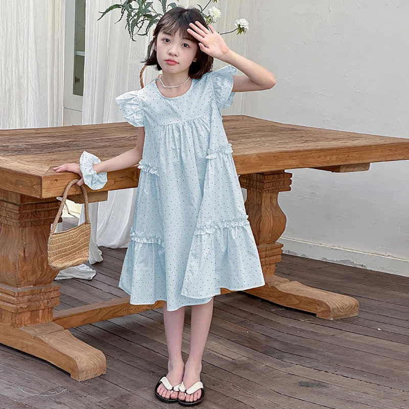 女童夏季连衣裙新款时尚百搭中大童女孩飞袖圆点无袖棉布连衣裙潮