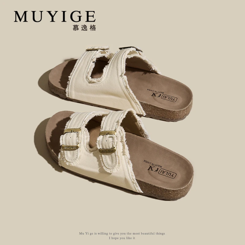 流苏一字拖鞋女夏外穿2025新款仙女复古厚底勃肯鞋沙滩度假凉拖鞋