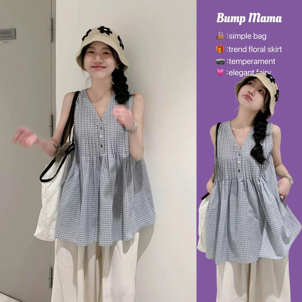 孕妇装夏装套装慵懒风无袖衬衫格子上衣两件套小个子阔腿裤夏季