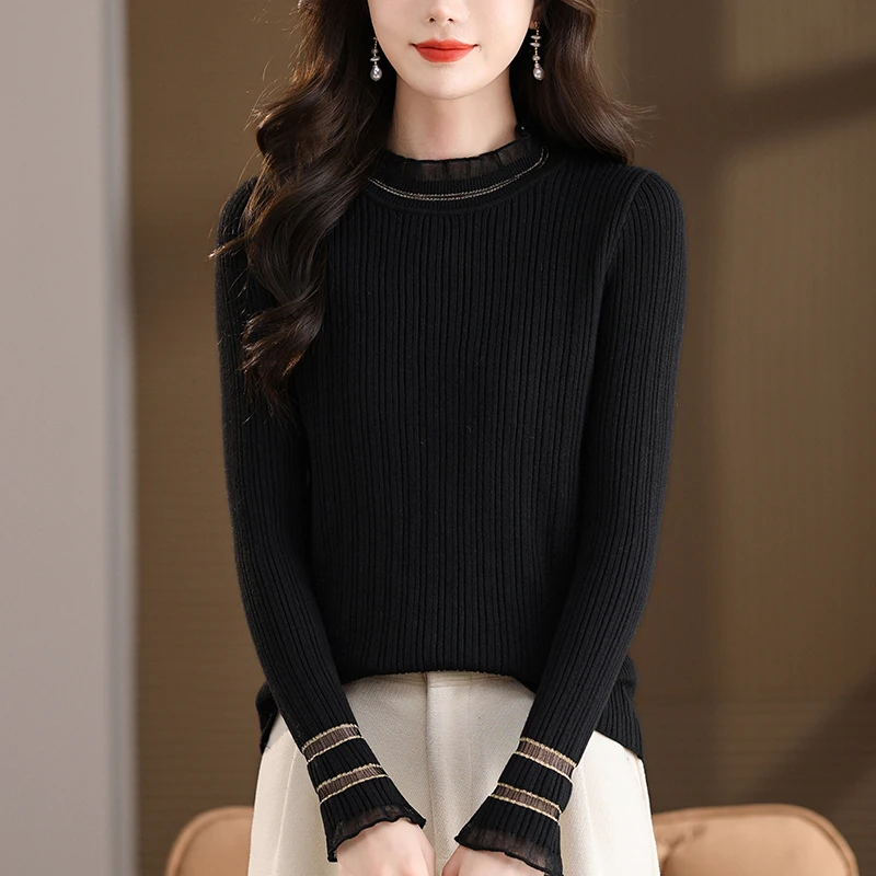 女士黑色毛衣蕾丝边打底衫轻奢高级感冬装内搭针织衫独特漂亮洋气
