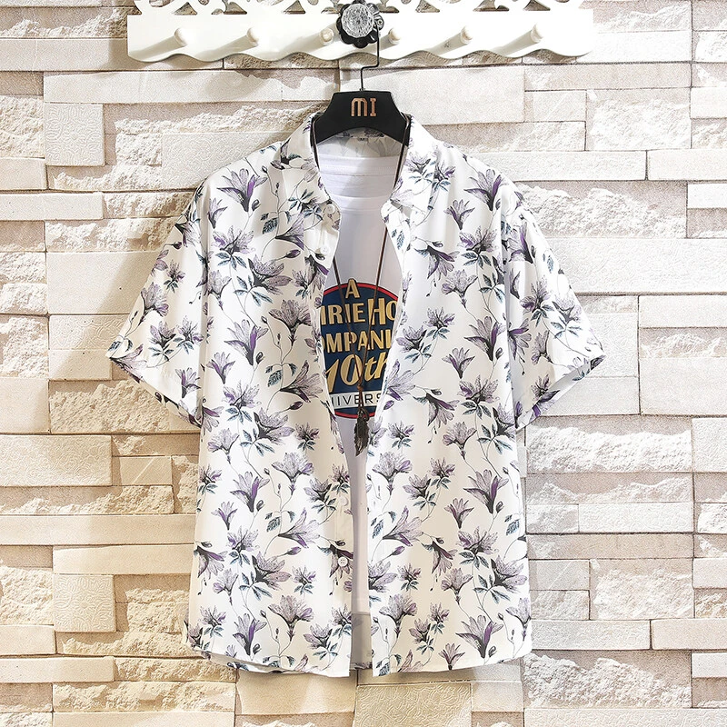 夏威夷冰丝短袖衬衫男夏季薄款凉感沙滩衬衣高级感青少年痞帅上衣