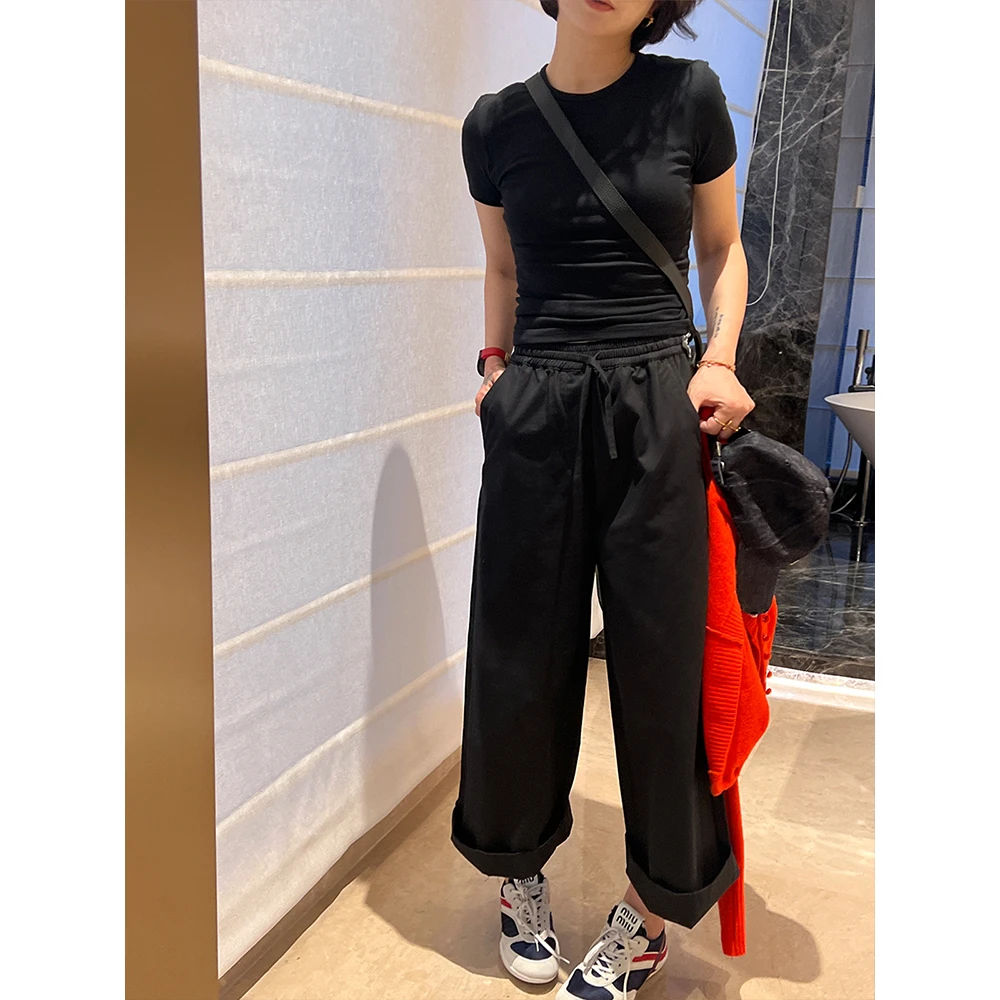 SHIIEELL【慵懒日落】100%棉纯色抽绳宽松时尚高腰宽松休闲裤W0390