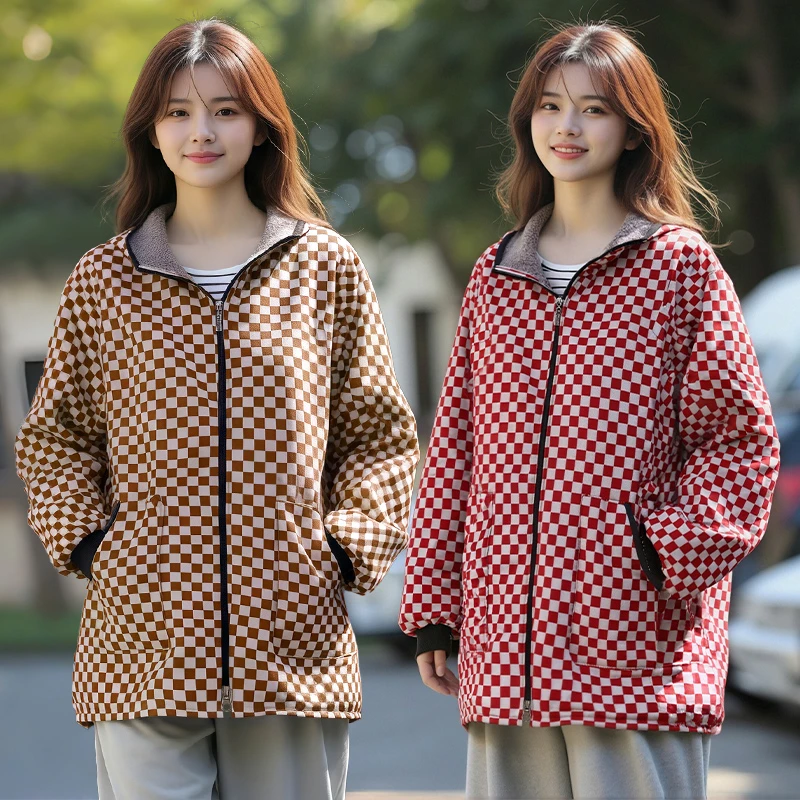 秋冬款加绒长袖短款罩衣男女同款保暖耐寒围裙外穿式棋盘格工作服