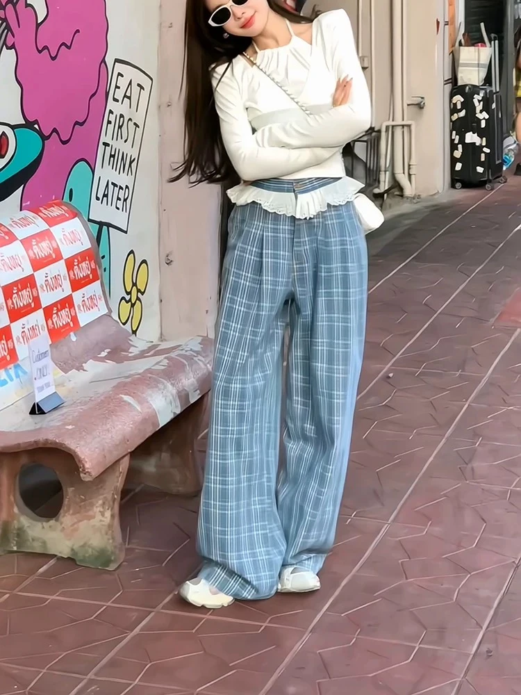 【许愿瓜】花边蓝格裤  超温柔超绝蓝色显瘦裤ZB218