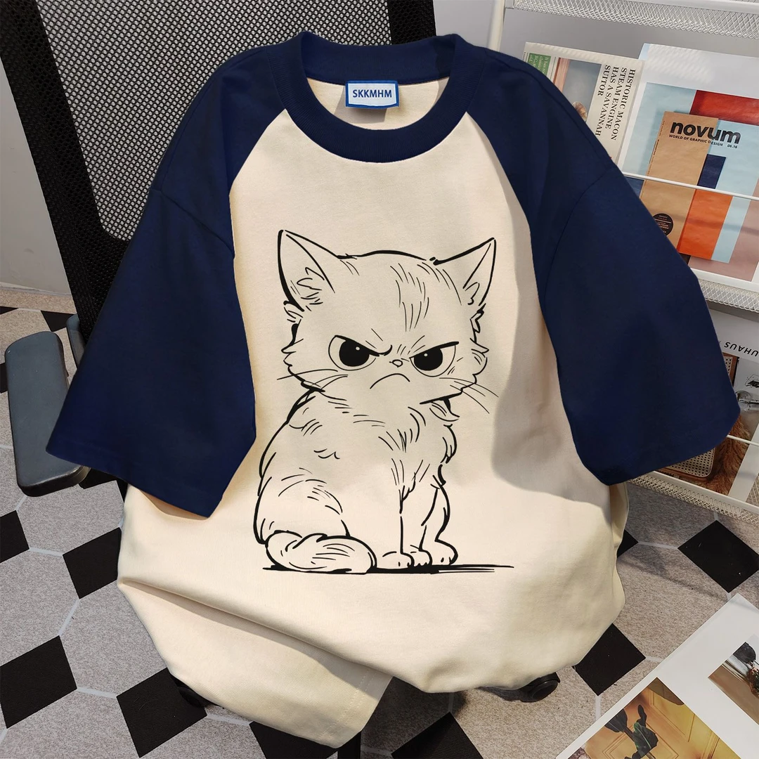 100%纯棉美式高街猫咪印花短袖中长款宽松t恤夏季潮牌情侣款上衣