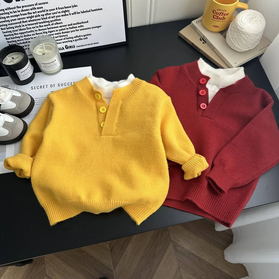 【巨显白百搭款】2025男女童毛衣圆领法式假两件休闲小童针织衫童装