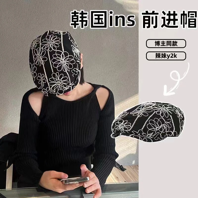 AIER-千禧风复古豹纹贝雷帽时髦秋款百搭文艺大头显脸小前进帽子