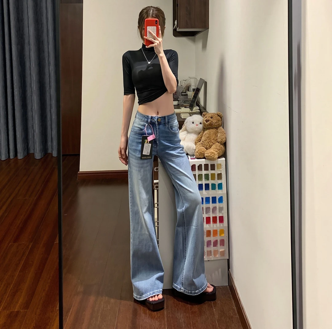 美式纯欲慵懒风复古微喇牛仔裤女秋冬修身显瘦阔腿直筒拖地裤子女