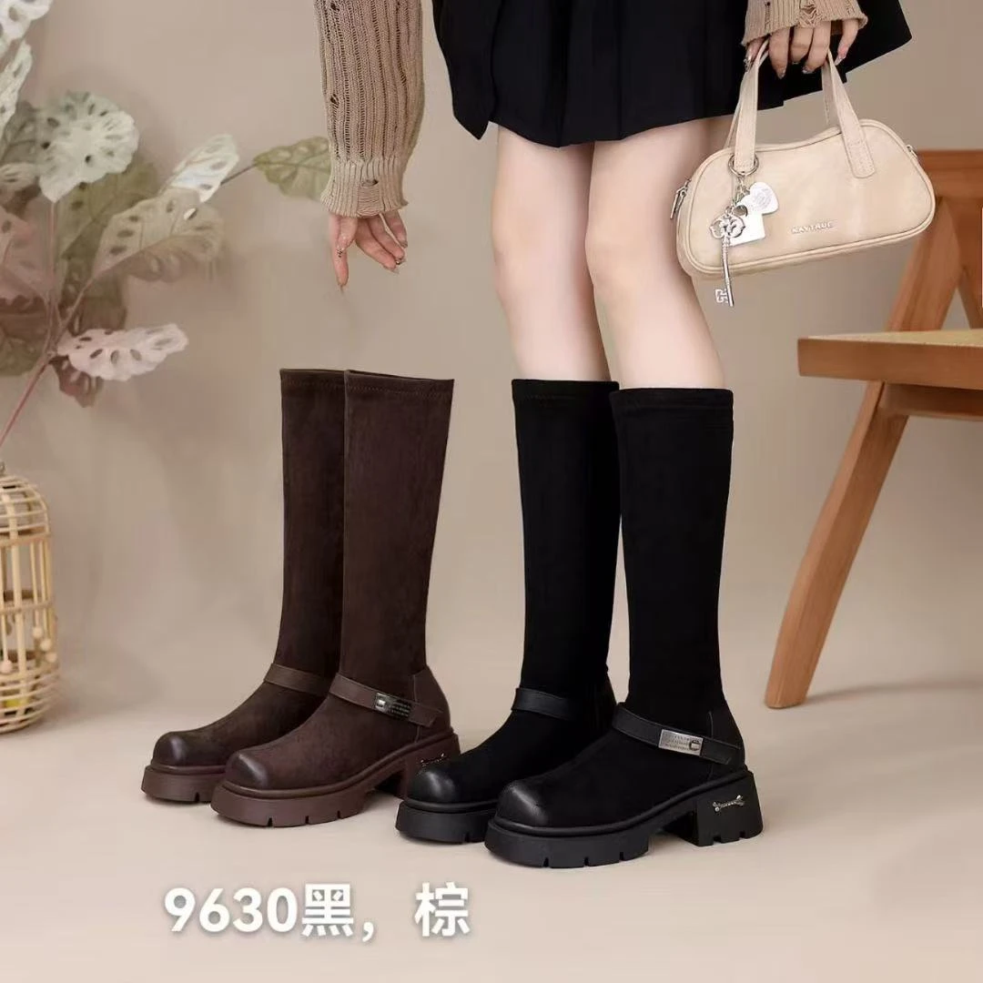 1L秋冬新款韩版通勤瘦瘦简约厚底裸靴长靴9630(加绒)