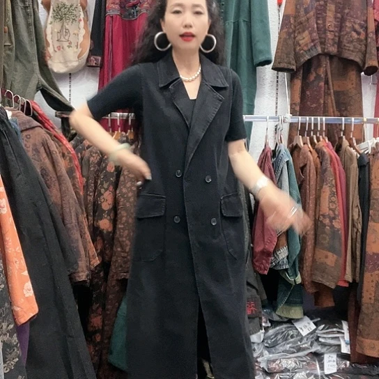织绣招财猫牛仔西服马甲裙