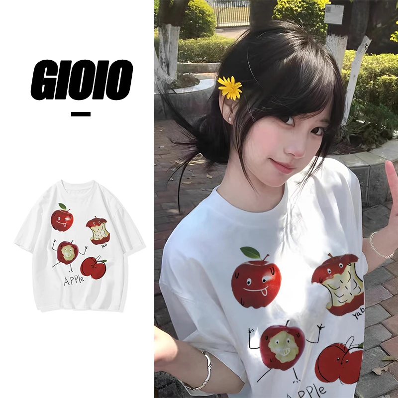 圆领纯棉短袖t恤女夏季新款苹果印花小众设计感美式穿搭上衣