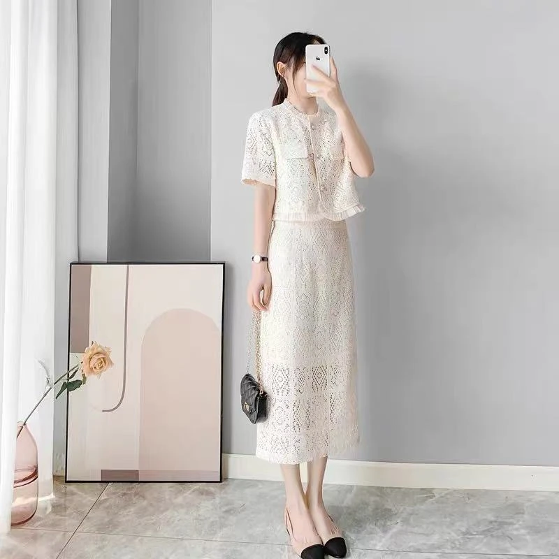 2024小香风蕾丝衫上衣半身裙显瘦两件套法式时尚套装女#A091