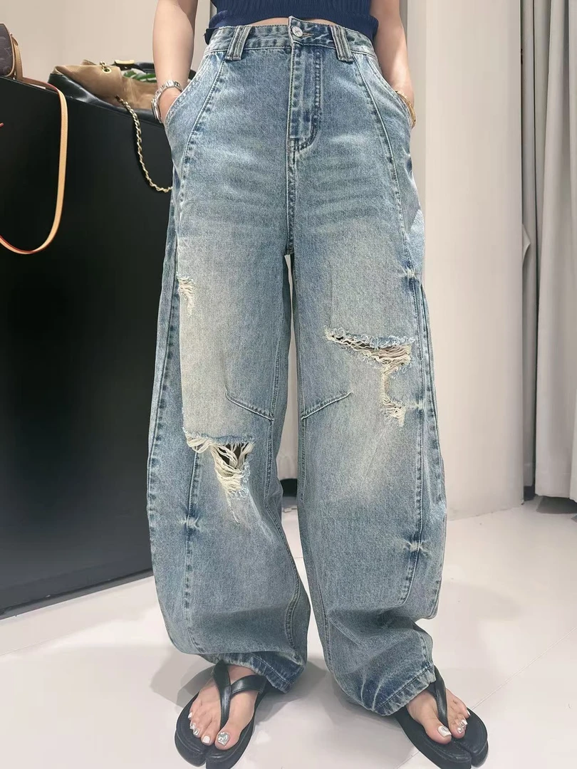 【美丽姐】9089弯刀牛仔裤高腰时尚宽松破洞水洗薄款
