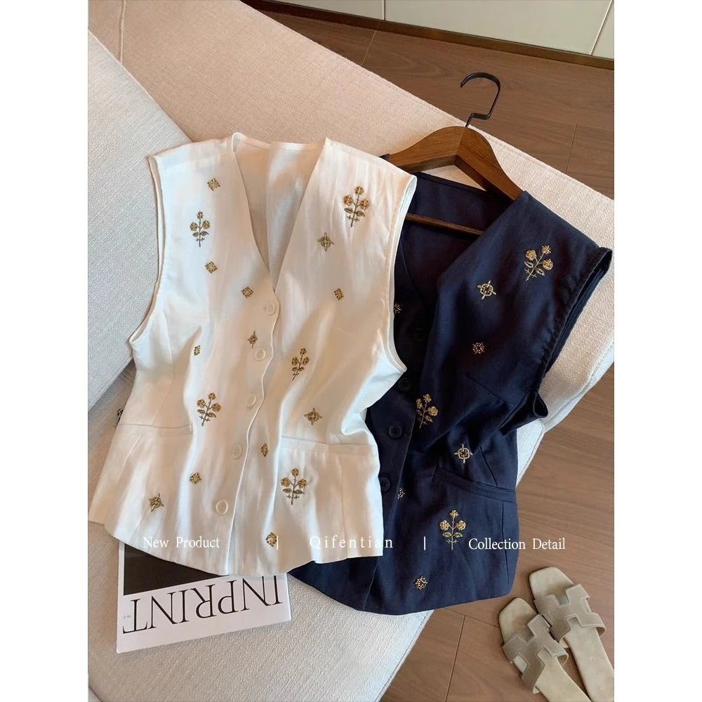【现货+运费险】老钱风刺绣无袖上衣夏新款高级感气质宽松百搭V134