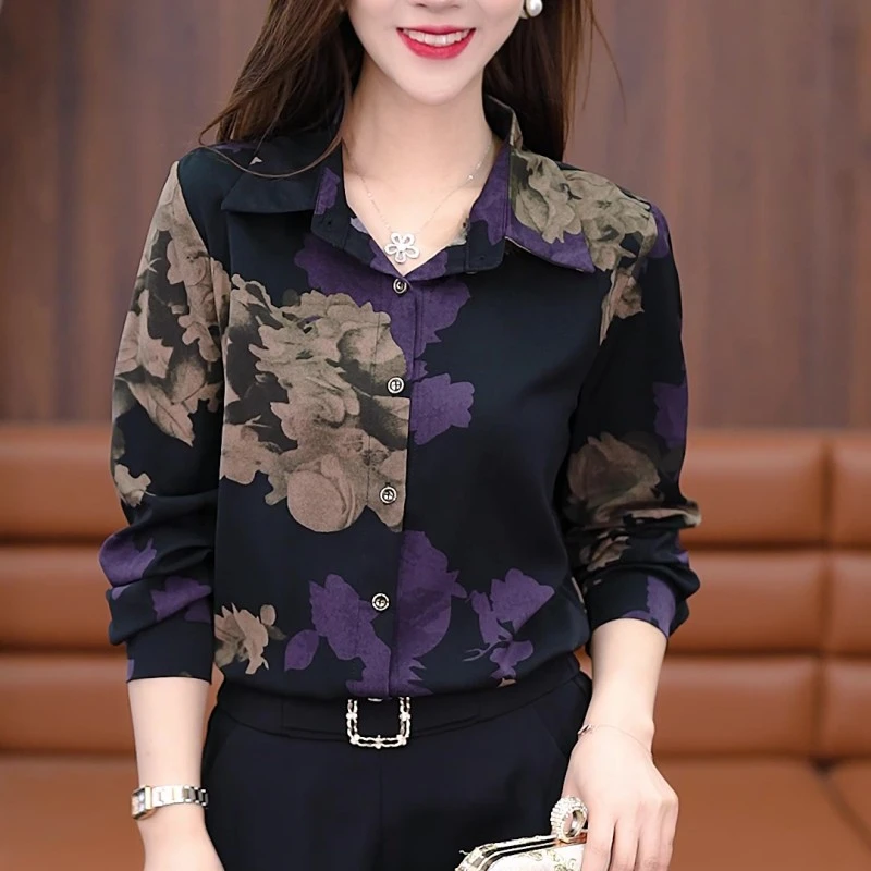 大码时尚冰氧丝衬衫女士印花小衫春季秋装新款衬衣洋气上衣