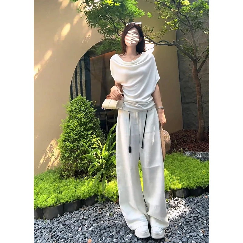 2025夏季新款女韩系高级感修身荡领短袖上衣气质高腰显瘦阔腿长裤