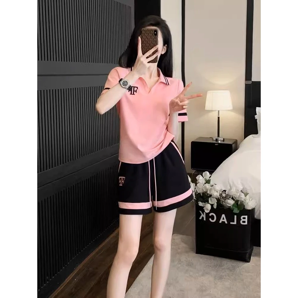 洋气时髦休闲运动套装女装夏季短袖款polo领字母短裤跑步两件套潮