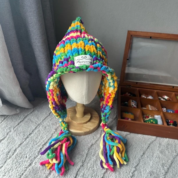 韩ins新款针织时尚多巴胺雪尼尔手工毛线彩色儿童帽子宝宝帽子