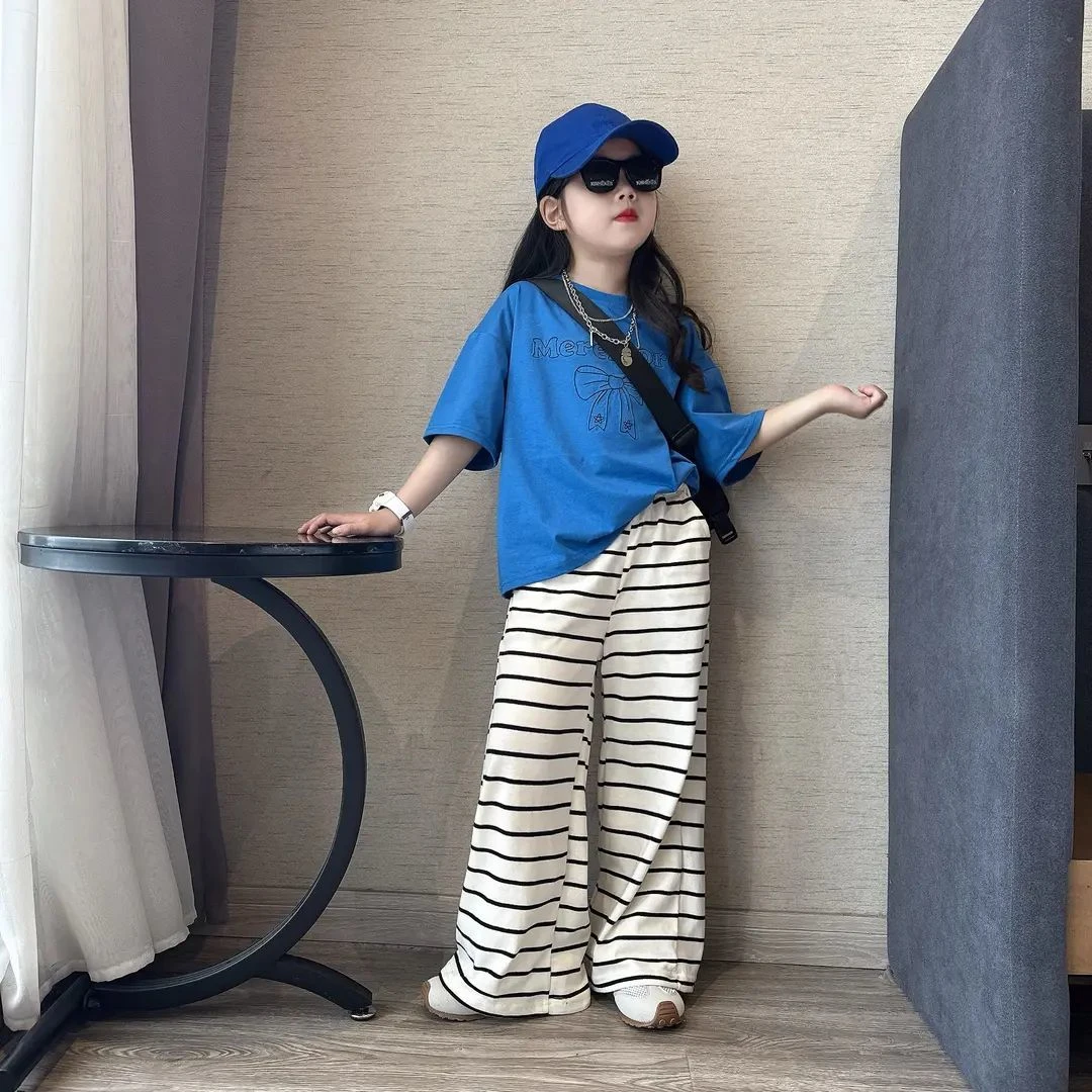 女童夏季薄款休闲百搭条纹阔腿裤拖地裤中大童绣花宽松洋气短袖T