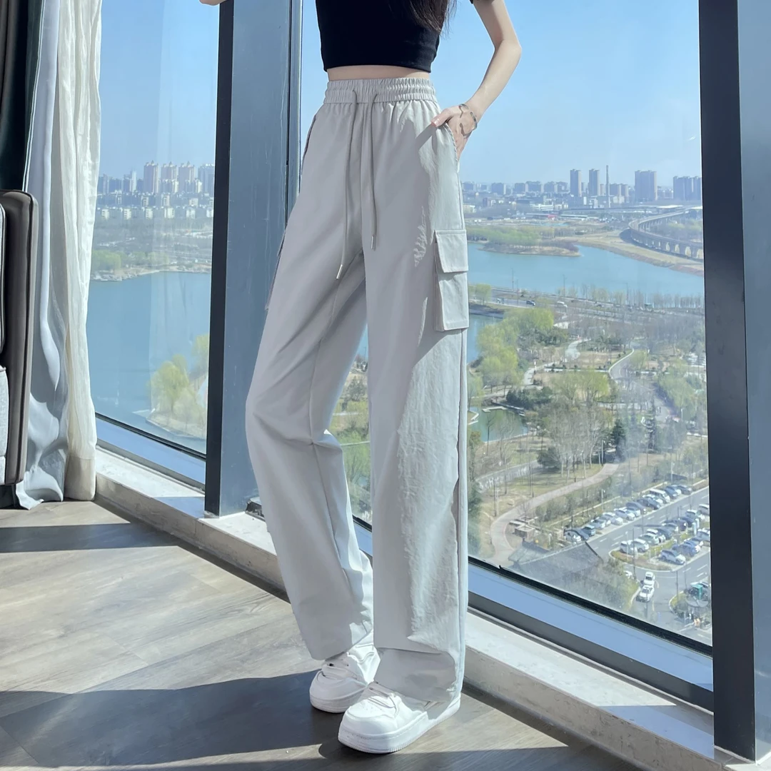 绿色工装裤女夏薄款2025新款高腰垂感降落伞速干休闲阔腿美式运动