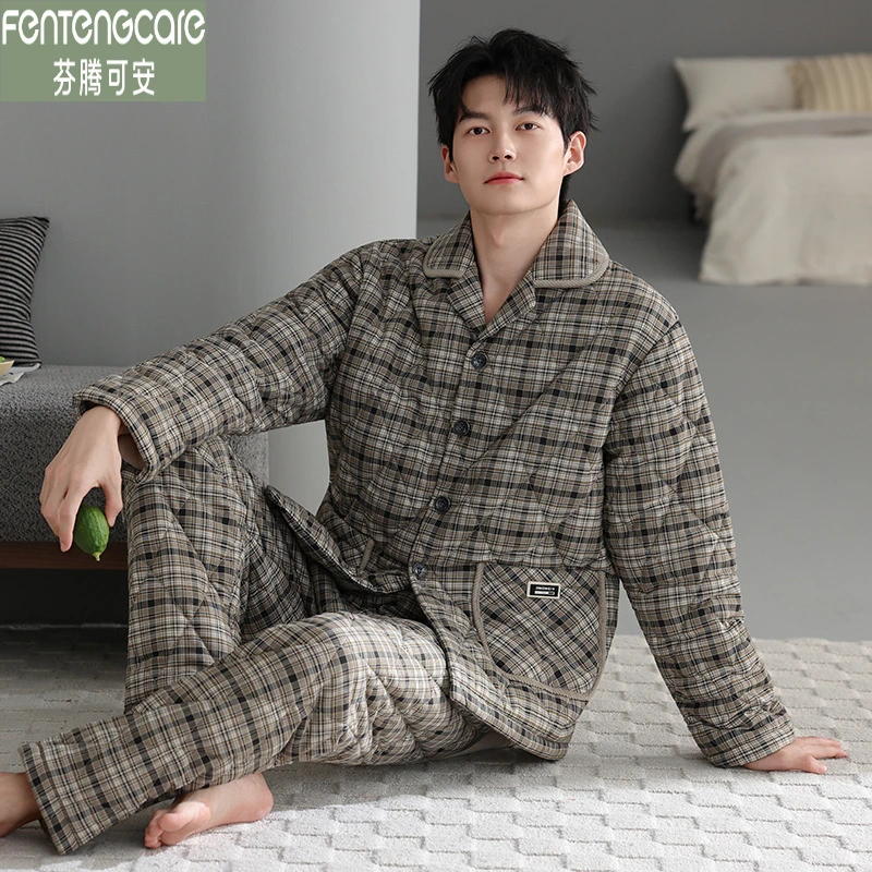 芬腾可安三层梭织夹棉宽松时尚睡衣保暖男士秋冬季长袖加厚家居服