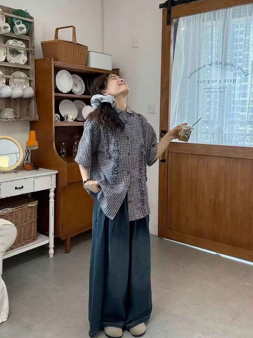 衬衫格纹夏季外套百搭休闲荷叶边成人设计感格子短袖