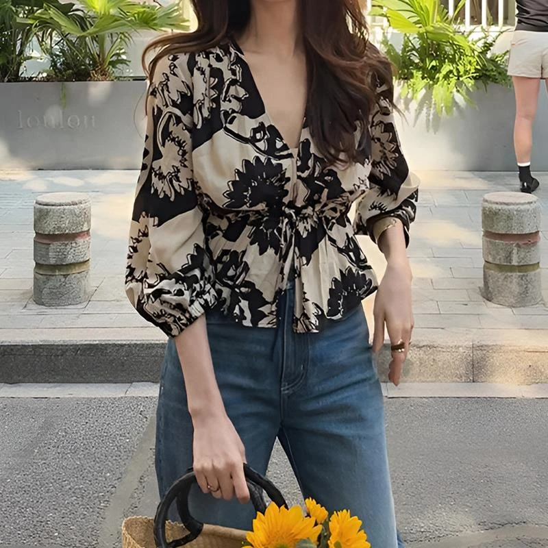 ALOME轻奢高级感印花v领系带长袖衬衫女2025夏季收腰显瘦独特上衣