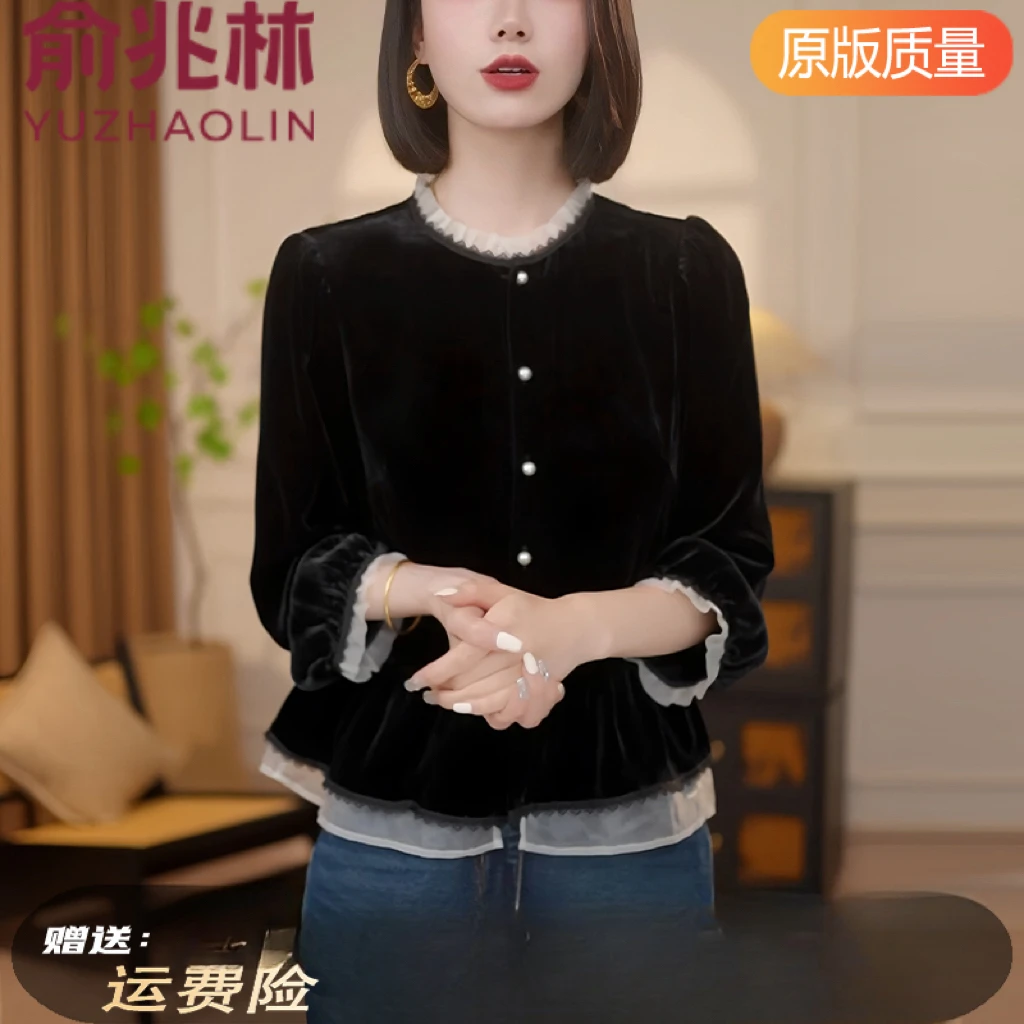 新中式国风衬衫长袖女装春秋新款黑色丝绒小衫高端假两件上衣韩系
