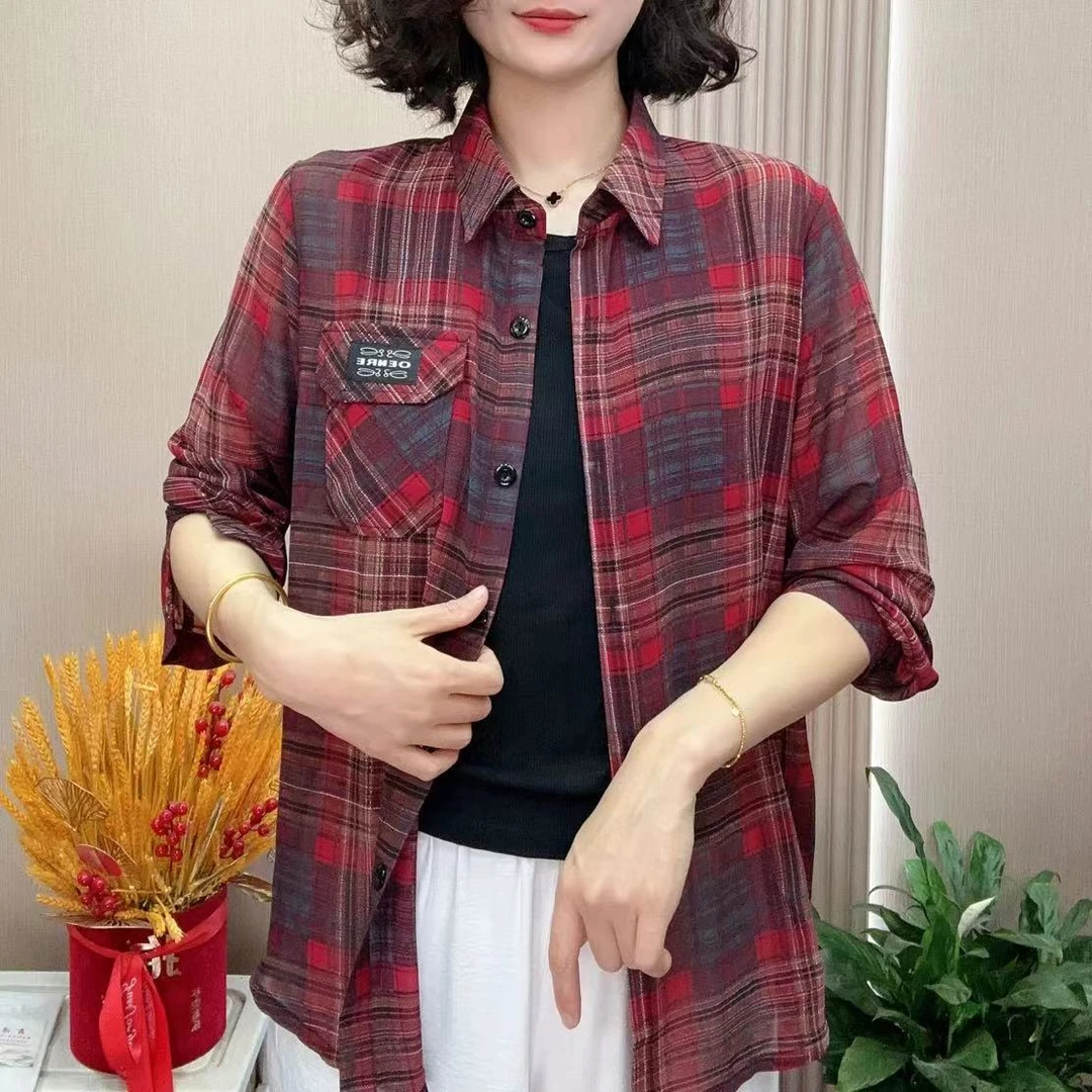 夏季女士衬衫妈妈装显瘦时尚休闲上衣中老年宽松长袖衬衣洋气