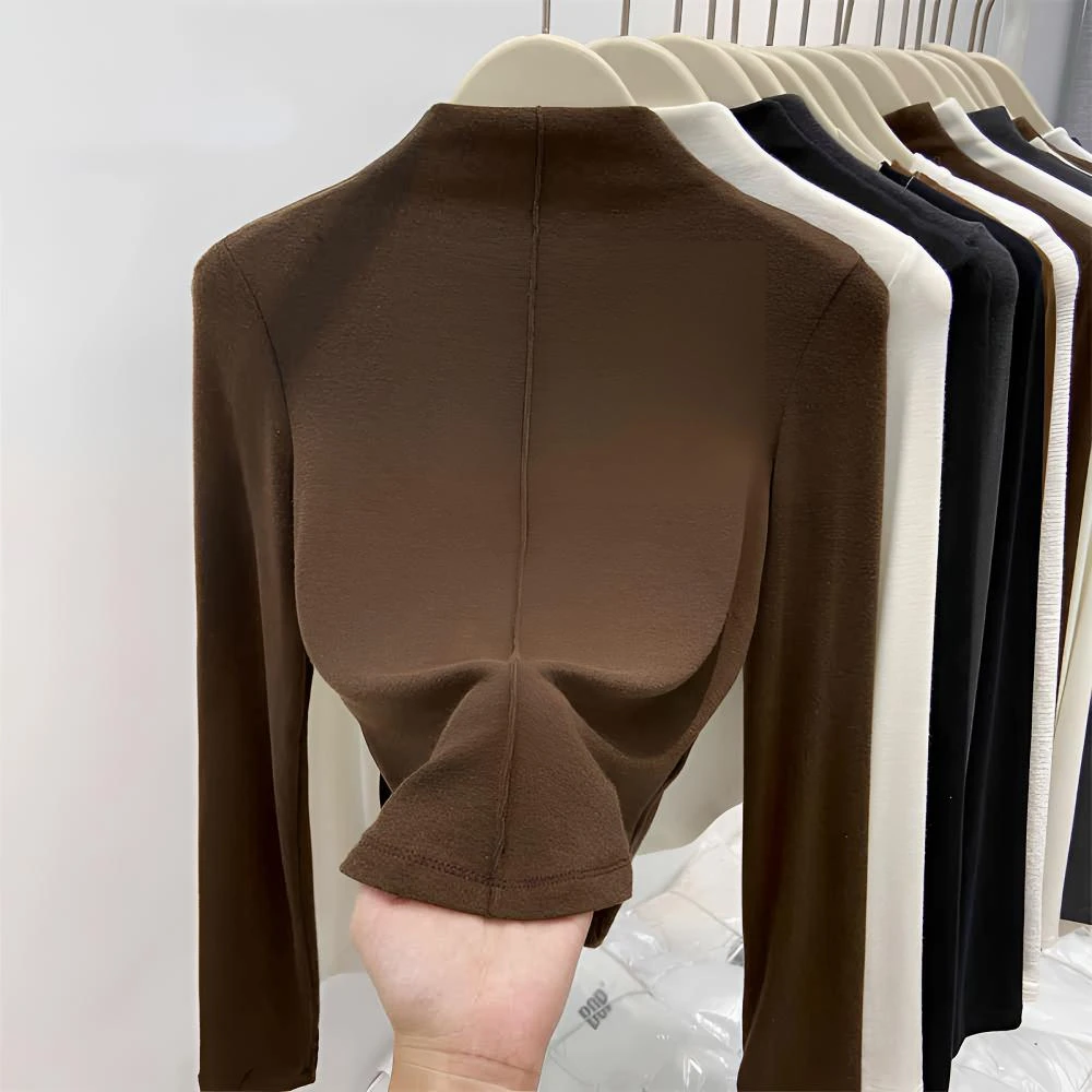 欧货半高领软糯长袖打底衫t恤女2025秋冬新款设计感修身显瘦上衣