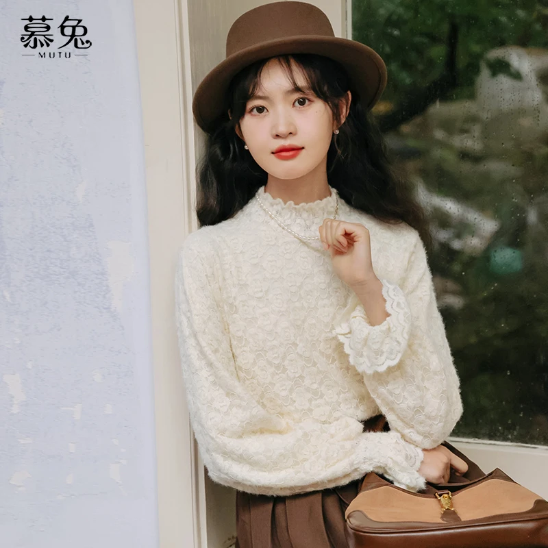 慕兔加绒半高领内搭打底衫秋季洋气独特别致蕾丝衫上衣TU13833