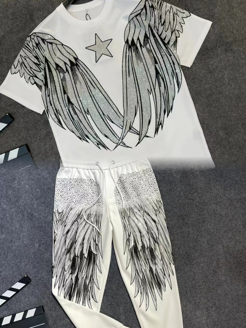11528–775潮牌五角星翅膀镶钻半袖纯色圆领 青春T恤男女情侣套装
