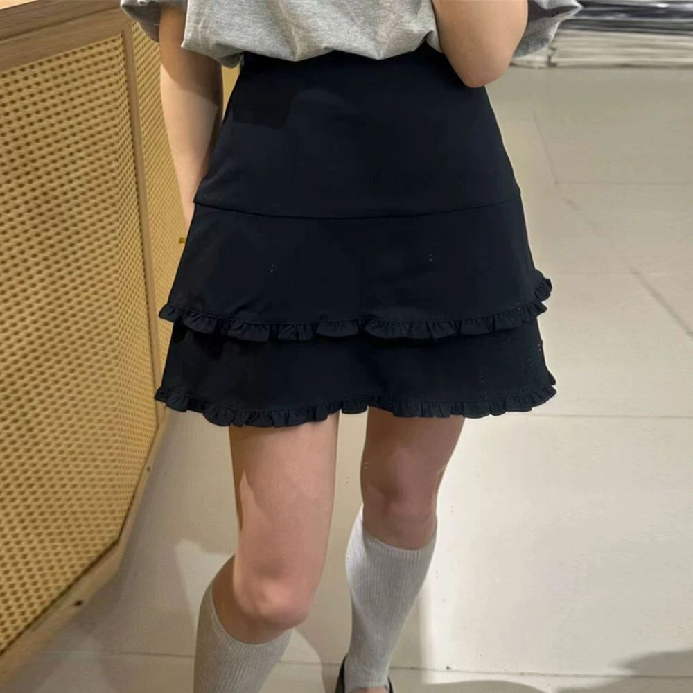 2025年夏季新款高腰显瘦高级感纯色A字木耳边拼接韩系半身裙短裙