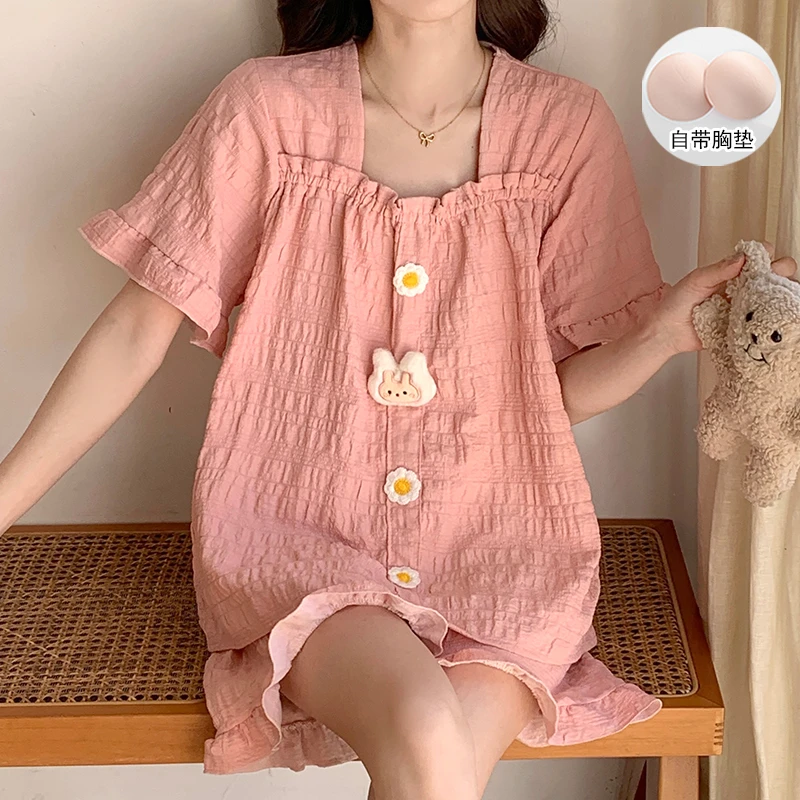 可外穿带胸垫少女睡衣夏季短袖薄款2025网红爆款公主风家居服套装