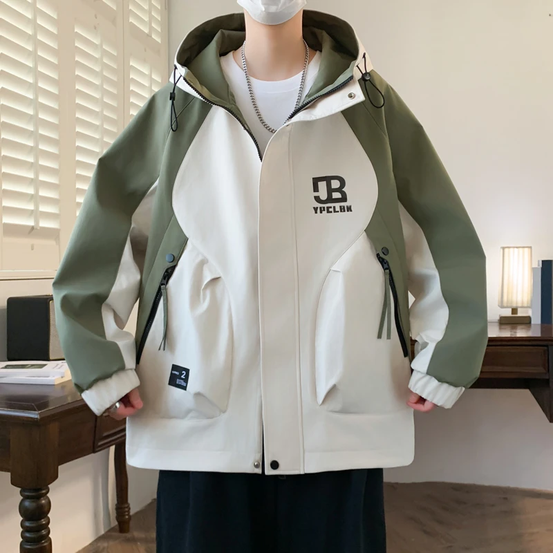 2025春季新款青少年拼色连帽工装夹克衫男潮流时尚休闲百搭款外套