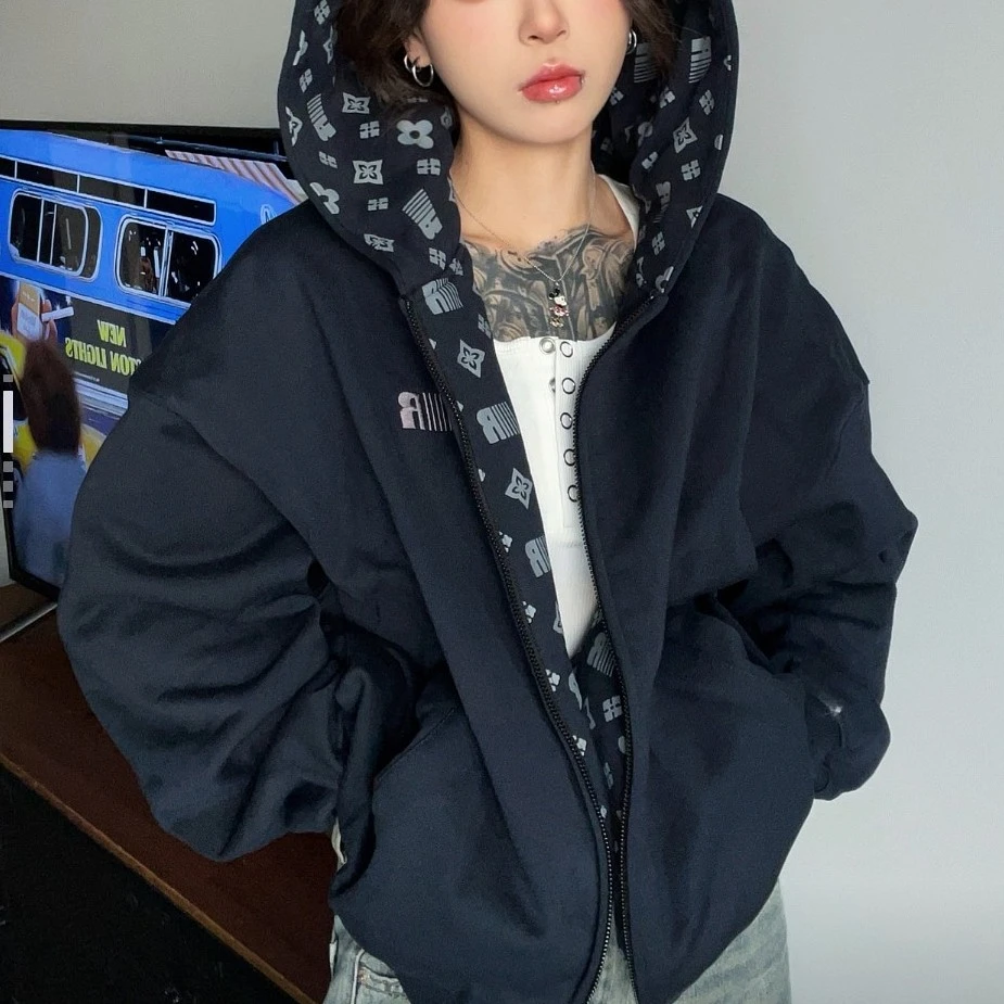 F地r 美式高街印花 开衫拉链 加绒连帽卫衣  男女同款