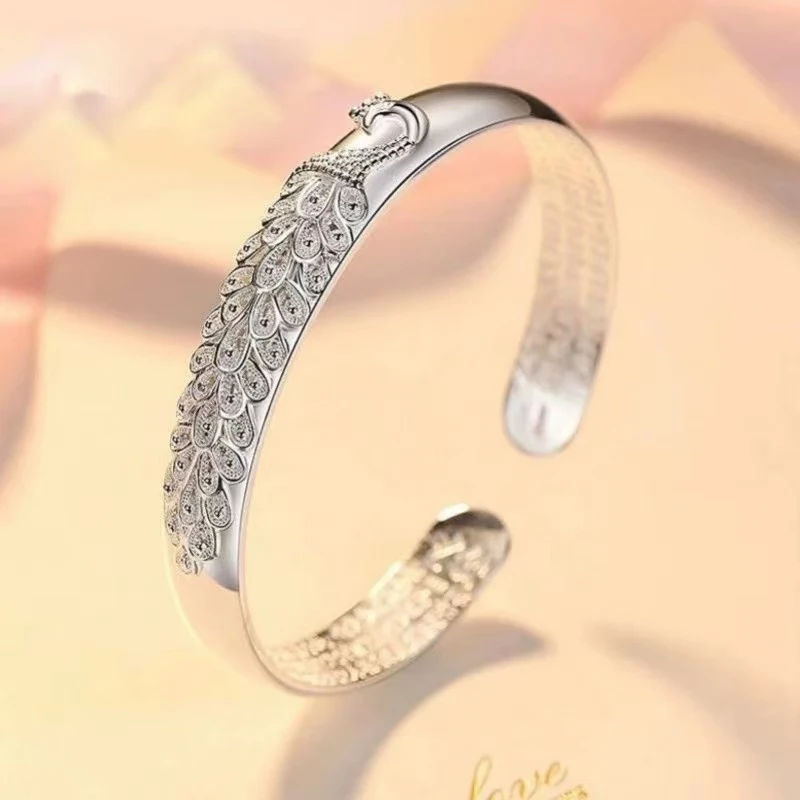 【港奢珠宝】高档精雕典藏孔雀宽面福字臻品限定款开口手镯-无礼盒